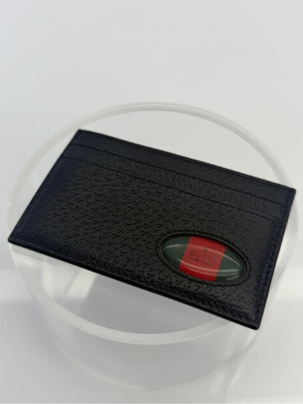 Gucci Black Leather ID Card Case Signature Stripe Window